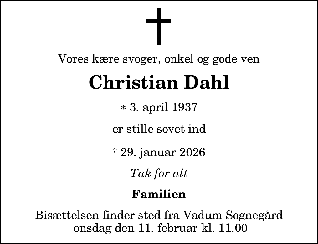 Dødsannonce for Christian Dahl