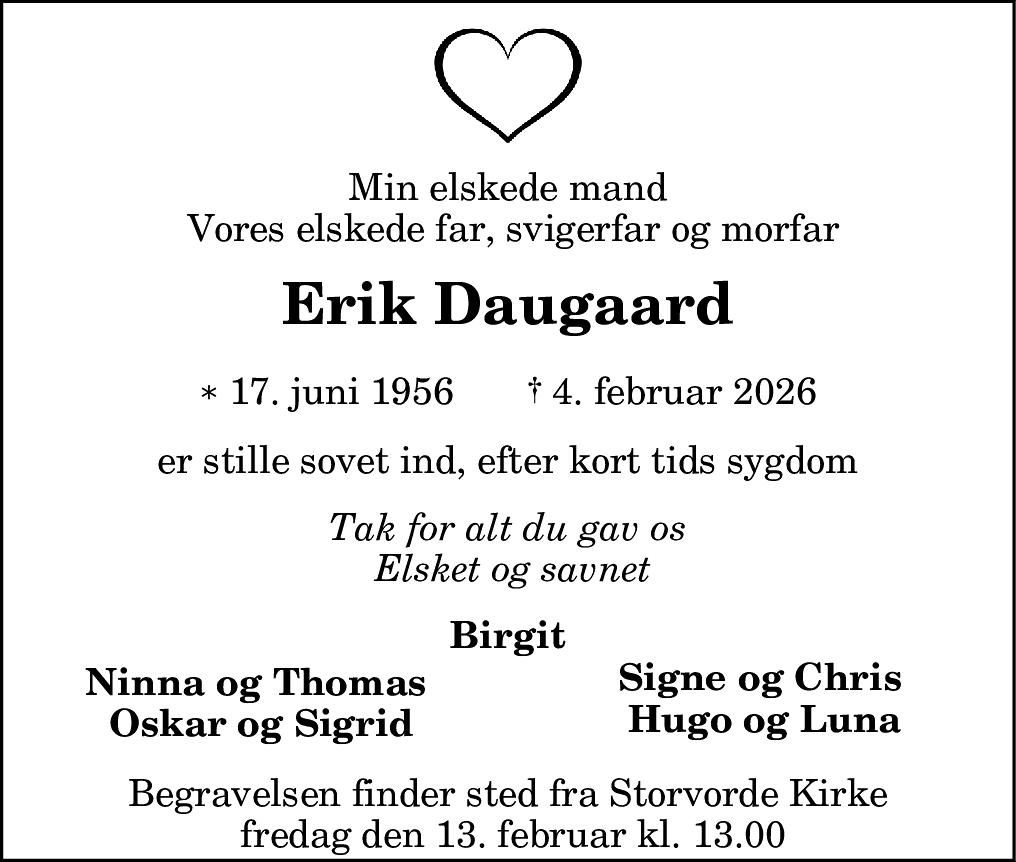 Dødsannonce for Erik Daugaard