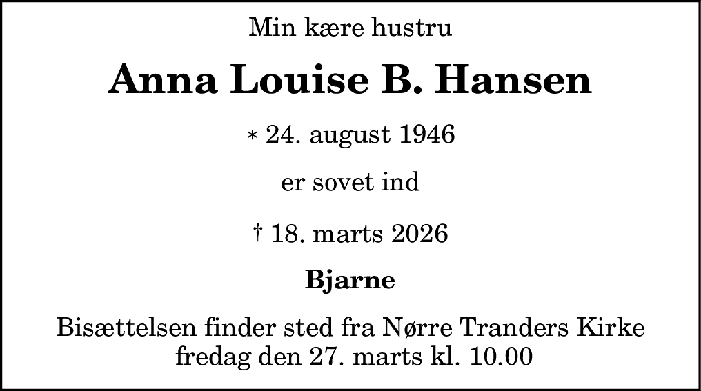 Dødsannonce for Anna Louise Bjerre Hansen