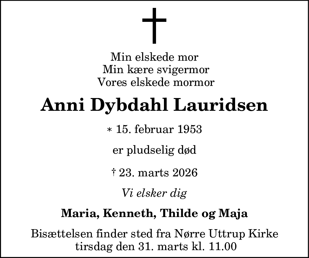 Dødsannonce for Anni Dybdahl Lauridsen