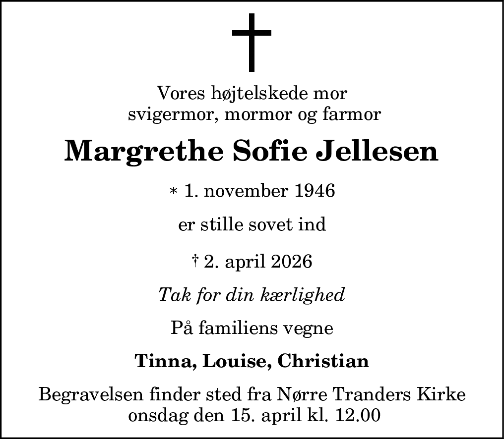 Dødsannonce for Margrethe Sofie Jellesen