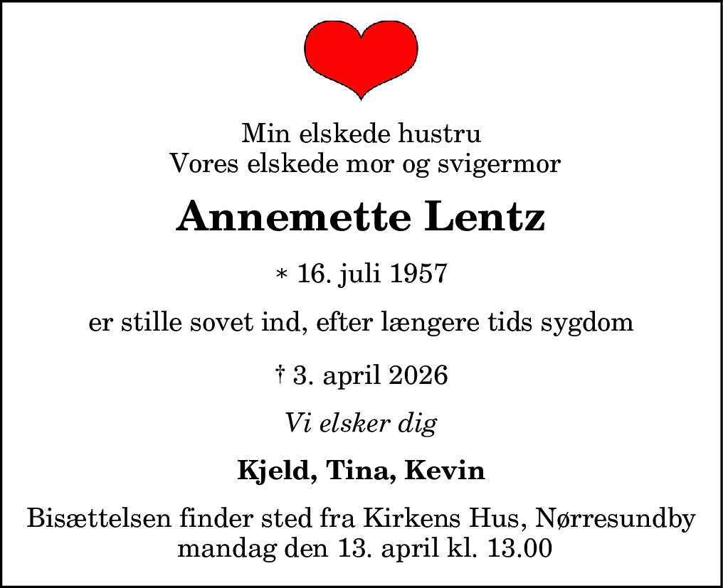Dødsannonce for Annemette Lentz