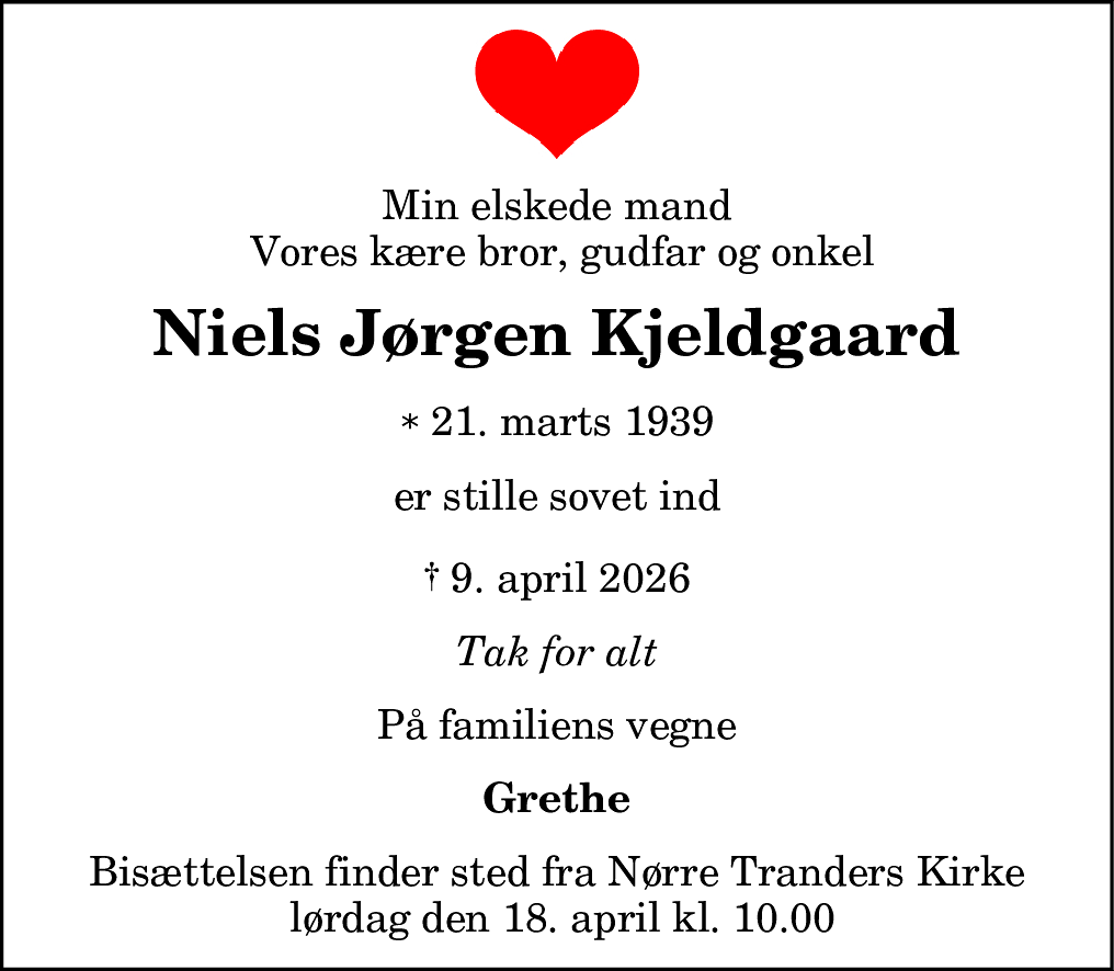Dødsannonce for Niels Jørgen Kjeldgaard