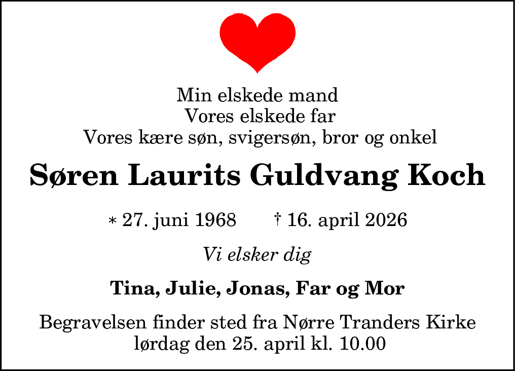 Dødsannonce for Søren Laurits Guldvang Koch