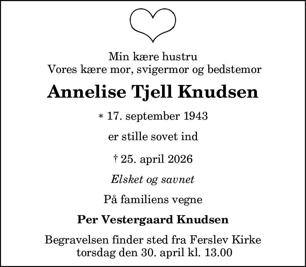 Dødsannonce for Annelise Tjell Knudsen