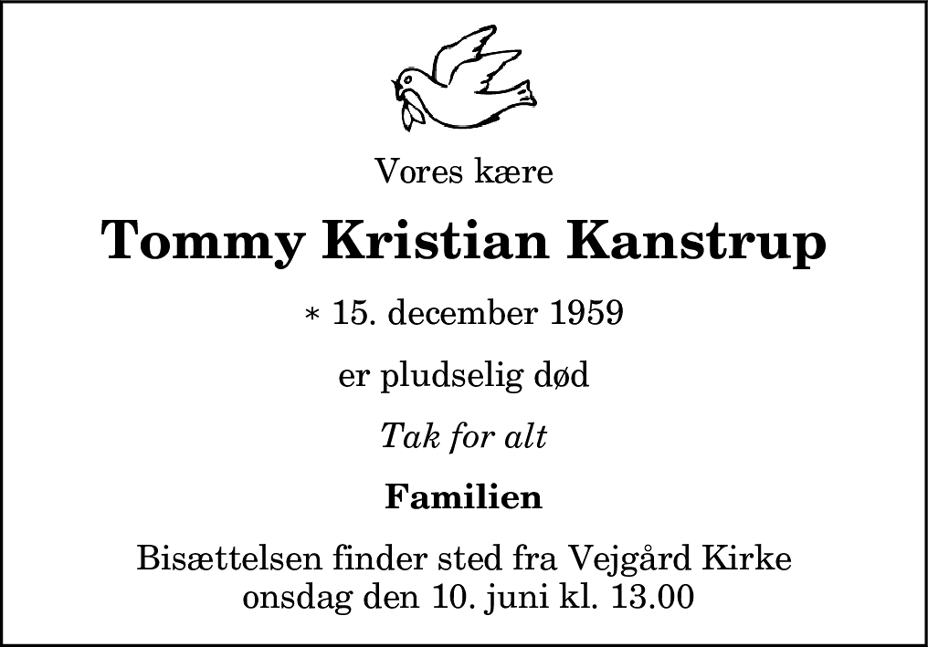 Dødsannonce for Tommy Kristian Kanstrup