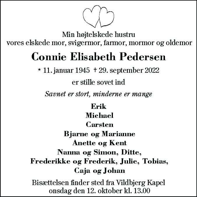Dødsannonce for Connie Elisabeth Pedersen