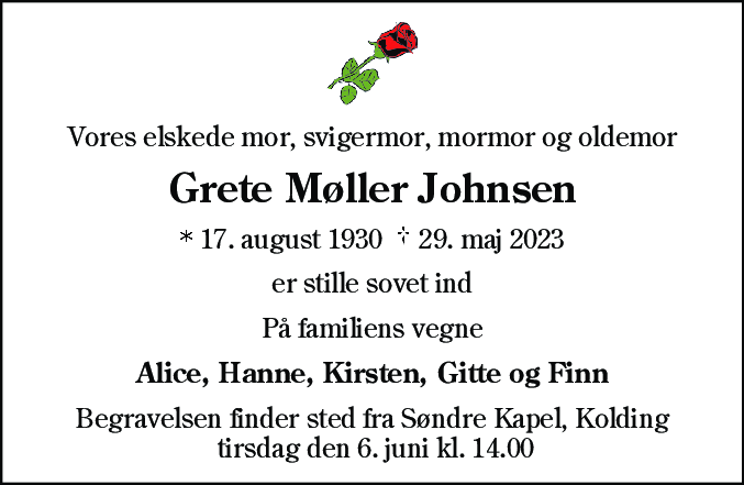 Dødsannonce for Grete Møller Johnsen