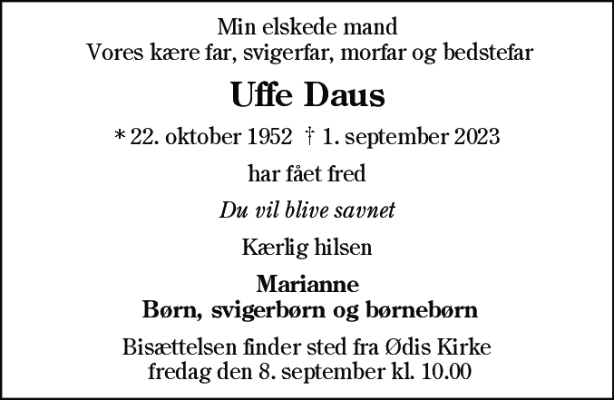 Dødsannonce for Uffe Daus
