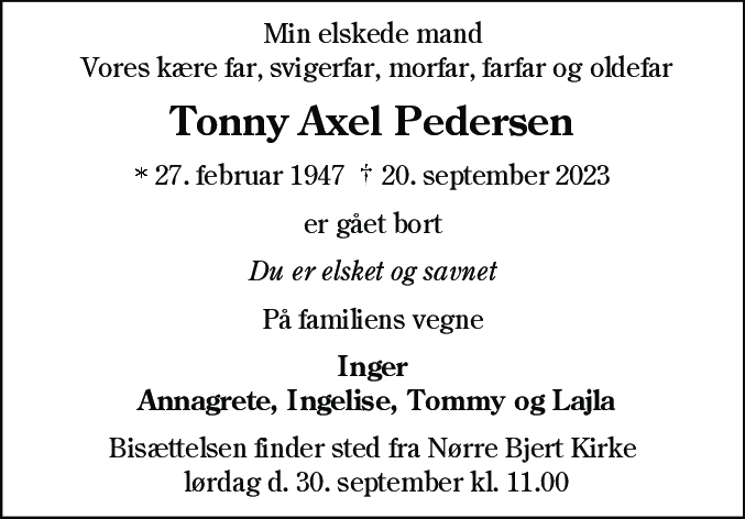 Dødsannonce for Tonny Axel Pedersen