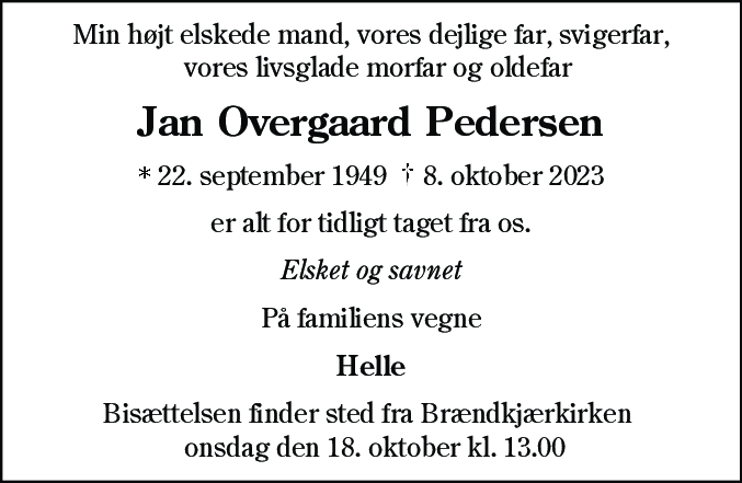 Dødsannonce for Jan Overgaard Pedersen
