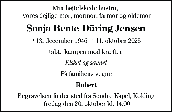 Dødsannonce for Sonja Bente Jensen