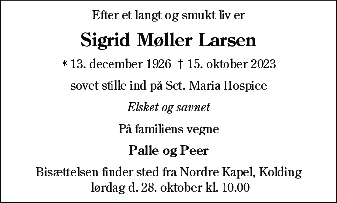 Dødsannonce for Sigrid Møller Larsen