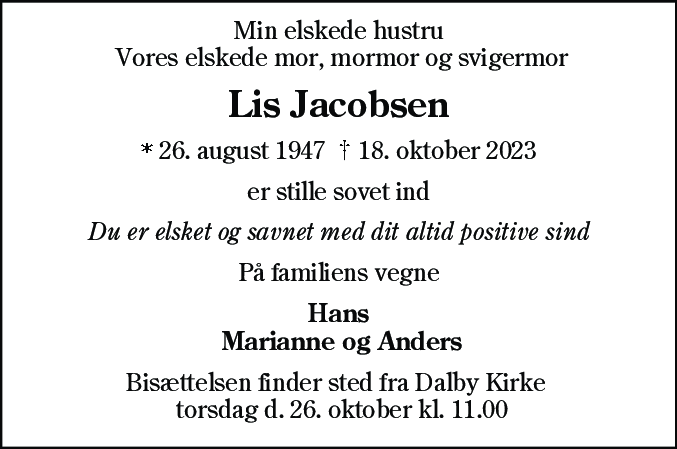 Dødsannonce for Lis Jacobsen