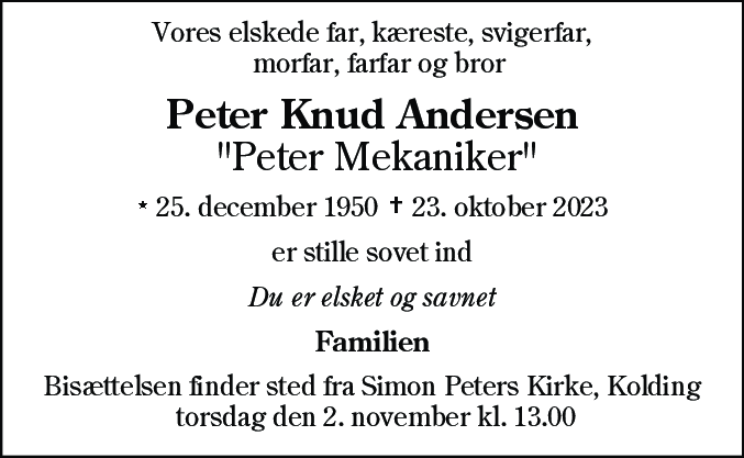 Dødsannonce for Peter Knud Andersen