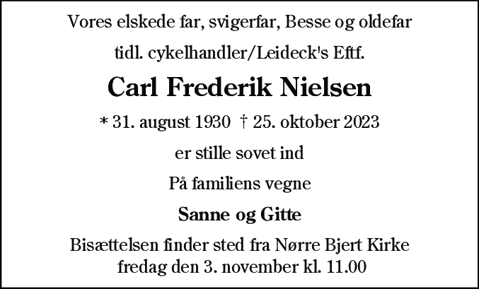 Dødsannonce for Carl Frederik Nielsen