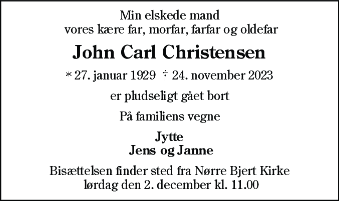 Dødsannonce for John Carl Christensen