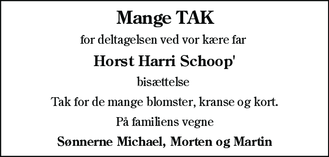 Dødsannonce for Horst Harri Schoop