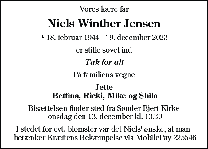 Dødsannonce for Niels Winther Jensen