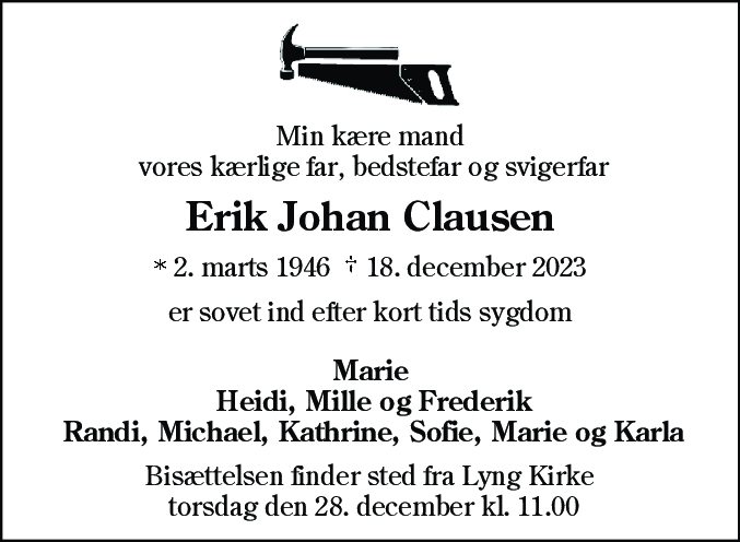 Dødsannonce for Erik Johan Clausen