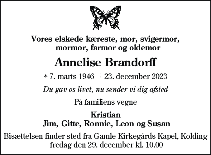 Dødsannonce for Annelise Brandorff
