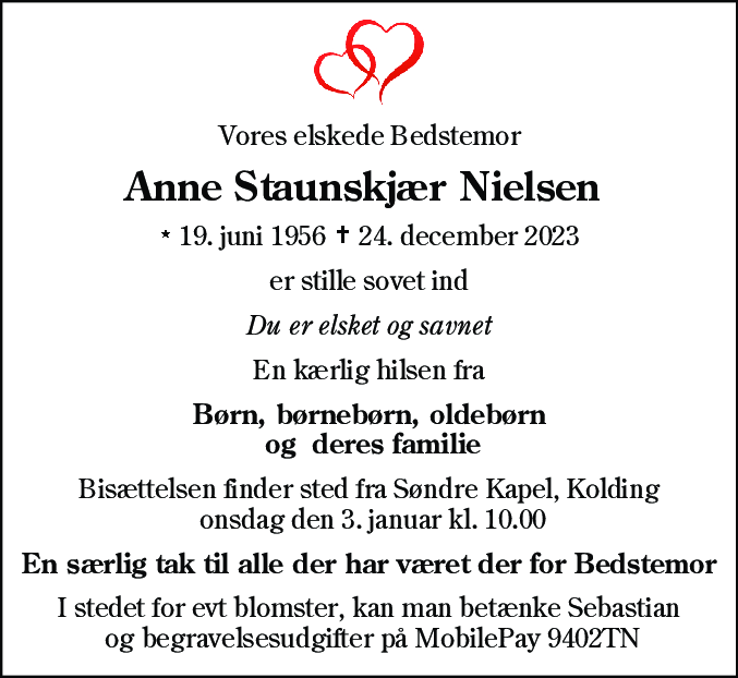 Dødsannonce for Anne Staunskjer Nielsen Dyrhavevej 190, stuen