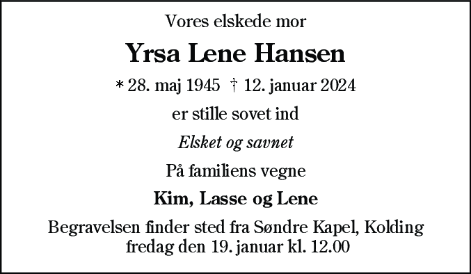 Dødsannonce for Yrsa Lene Hansen