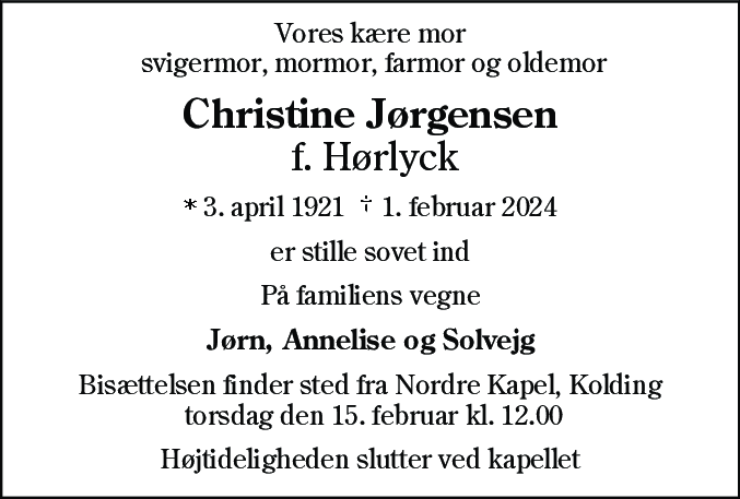 Dødsannonce for Christine Jørgensen