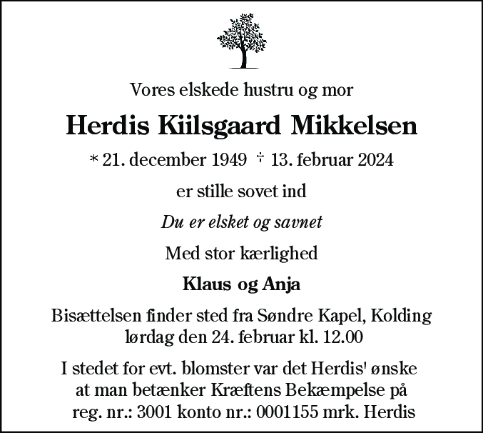 Dødsannonce for Herdis Kiilsgaard Mikkelsen