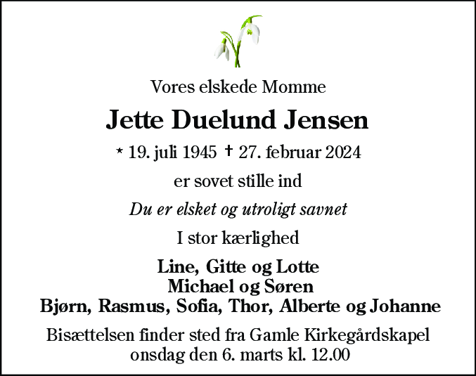 Dødsannonce for Jette Duelund Jensen
