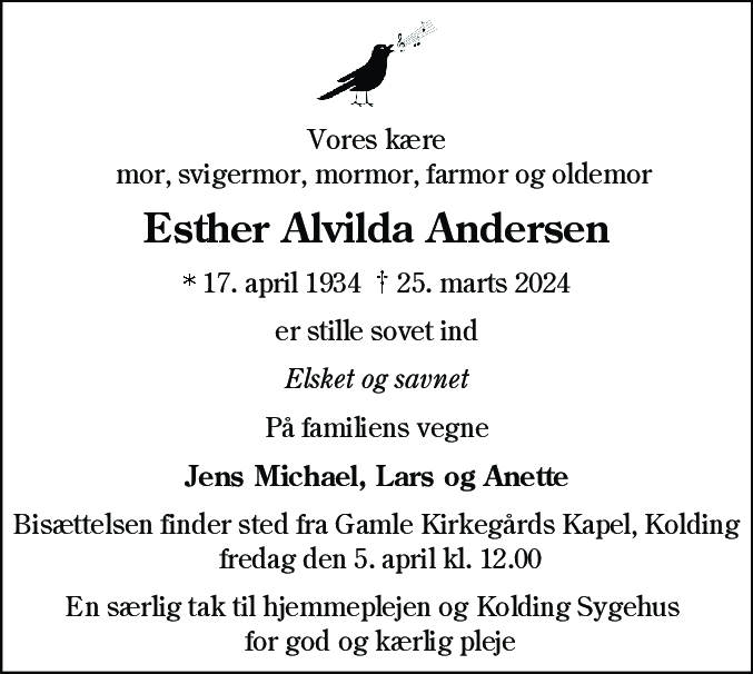 Dødsannonce for Esther Alvilda Andersen