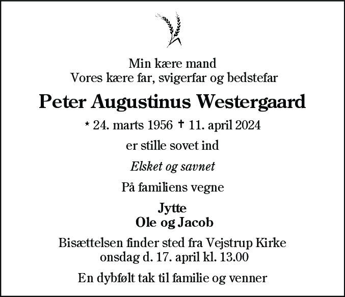 Dødsannonce for Peter Augustinus Westergaard