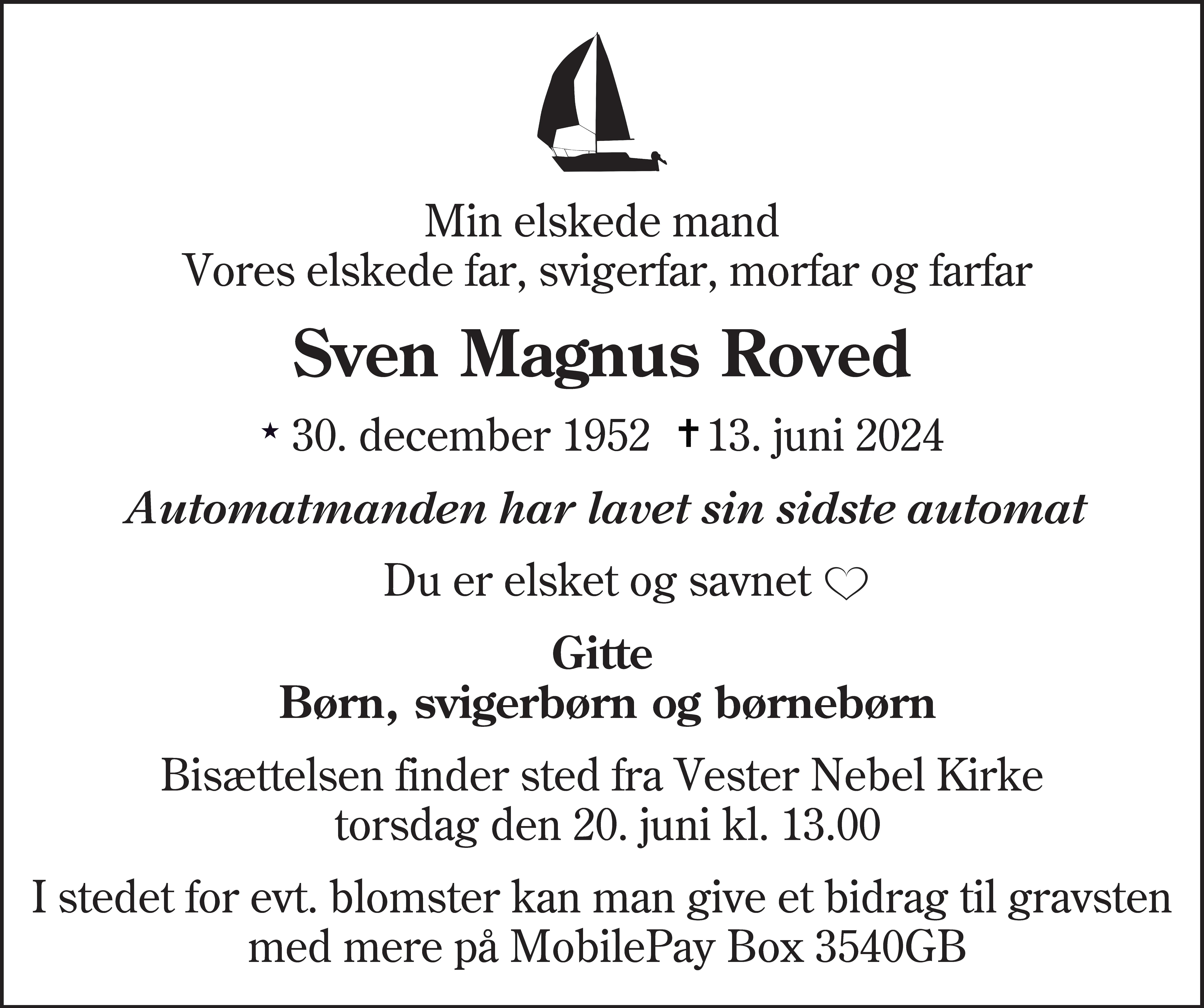 Dødsannonce for Sven Magnus Roved
