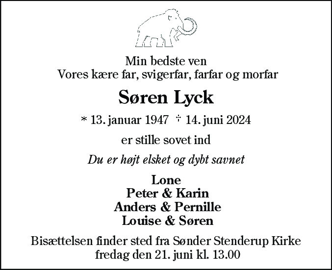 Dødsannonce for Søren Lyck