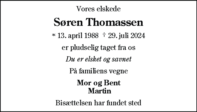 Dødsannonce for Søren Thomassen