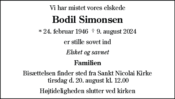 Dødsannonce for Bodil Lis Simonsen