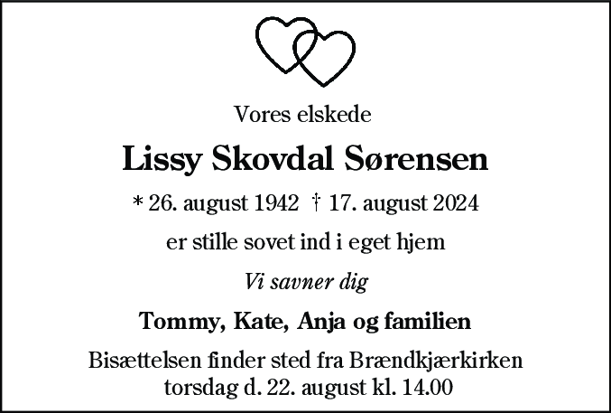 Dødsannonce for Lisy Skovdal Sørensen