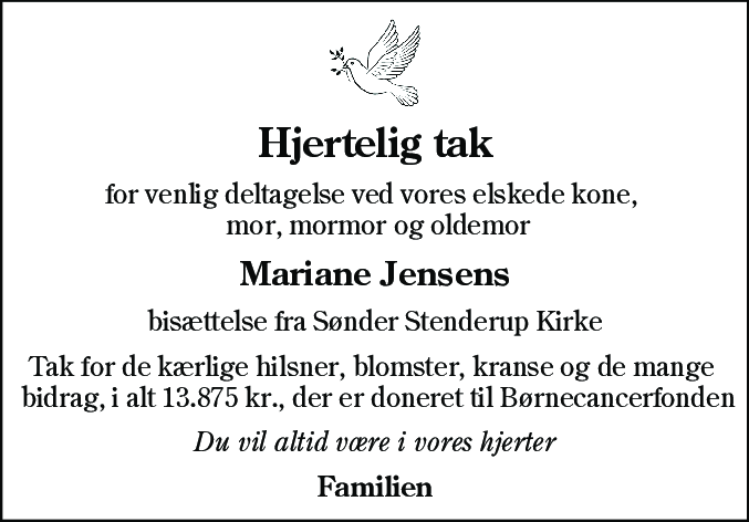 Dødsannonce for Mariane Jensen