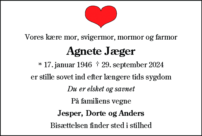 Dødsannonce for Irma Agnete Jæger
