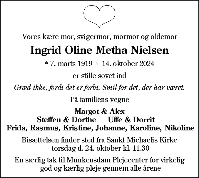 Dødsannonce for Ingrid Oline Metha Nielsen