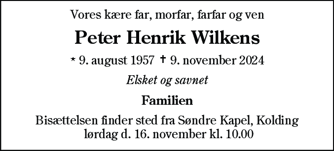 Dødsannonce for Peter Henrik Wilkens