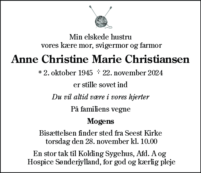 Dødsannonce for Anne Christine Marie Christiansen