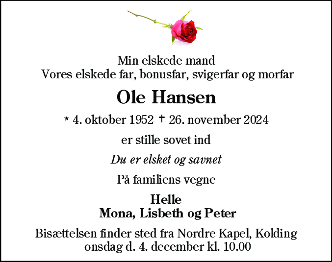Dødsannonce for Ole Hansen
