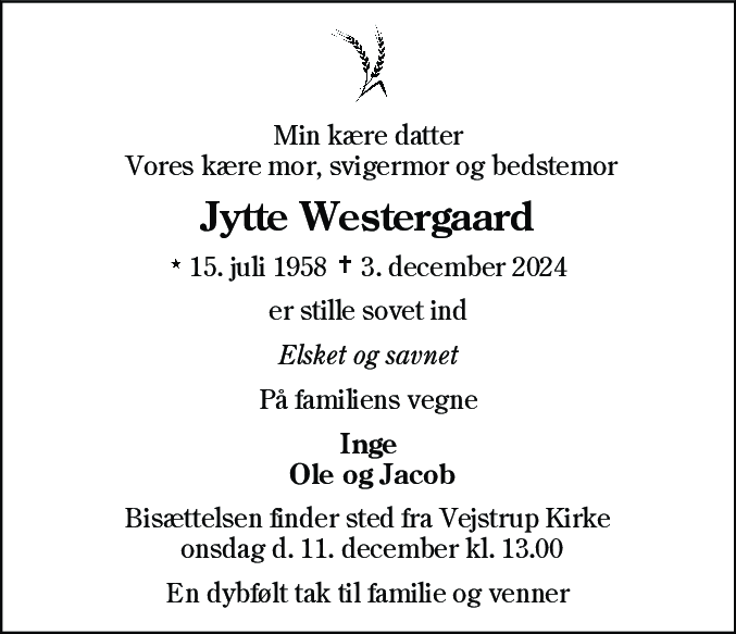 Dødsannonce for Jytte Westergaard