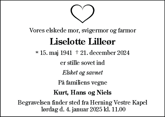 Dødsannonce for Liselotte Gertrud Lilleør