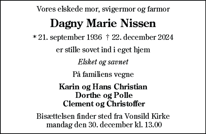 Dødsannonce for Dagny Marie Nissen