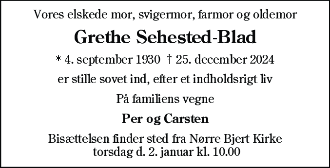 Dødsannonce for Grethe Sehested-Blad