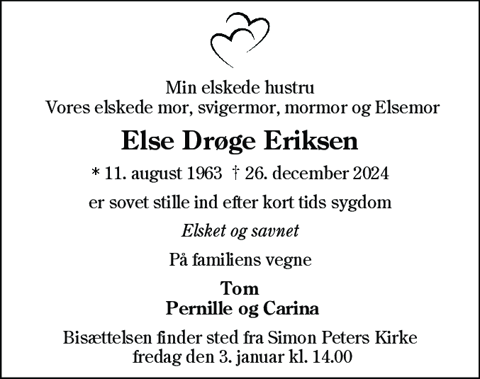Dødsannonce for Else Drøge Eriksen