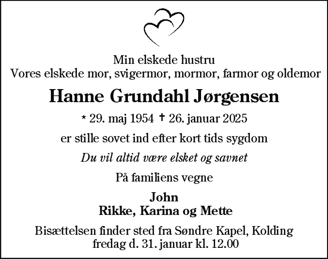 Dødsannonce for Hanne Grundahl Jørgensen