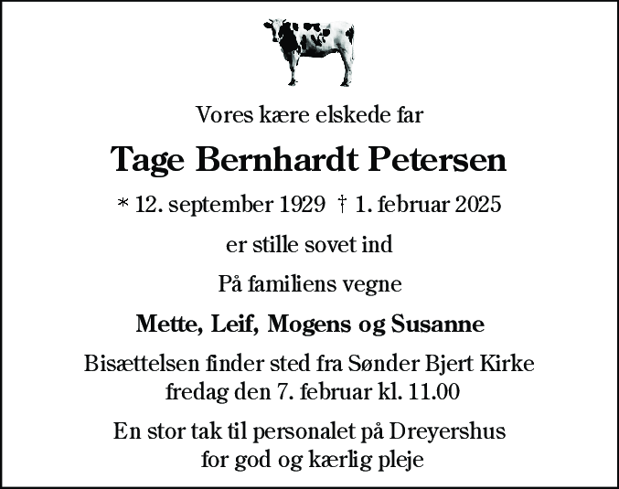 Dødsannonce for Tage Bernhardt Petersen